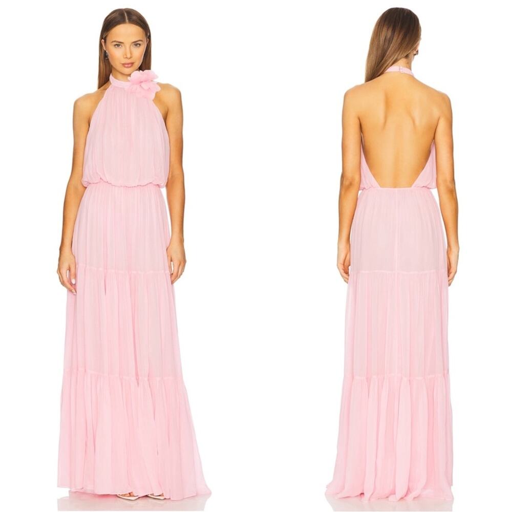 RETROFETE Stephanie Halterneck Floral Rosette Silk Tiered Pink Maxi Dress Size S